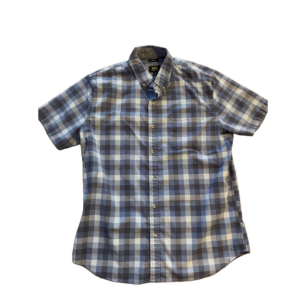 Lee Regular Fit Stretch Button Down Shirt Men's Large Tartan Plaid Short Sleeve